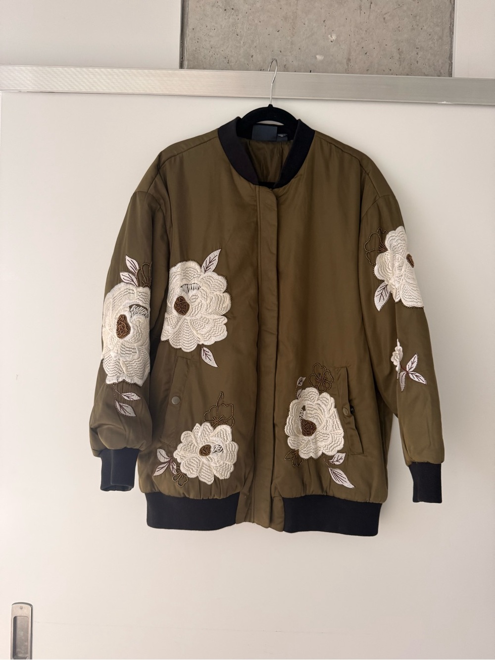 Anthropologie Olive Green Bomber Jacket with White Floral Embroidery